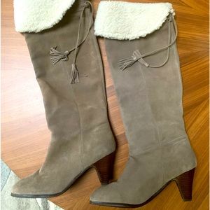 Tory Burch suede knee high boot with authentic sheepskin cuffs.